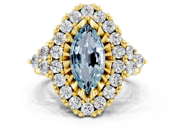 Yellow gold Marquise Cut Aquamarine Halo Ring with Pavé Band and Four-Prong Setting