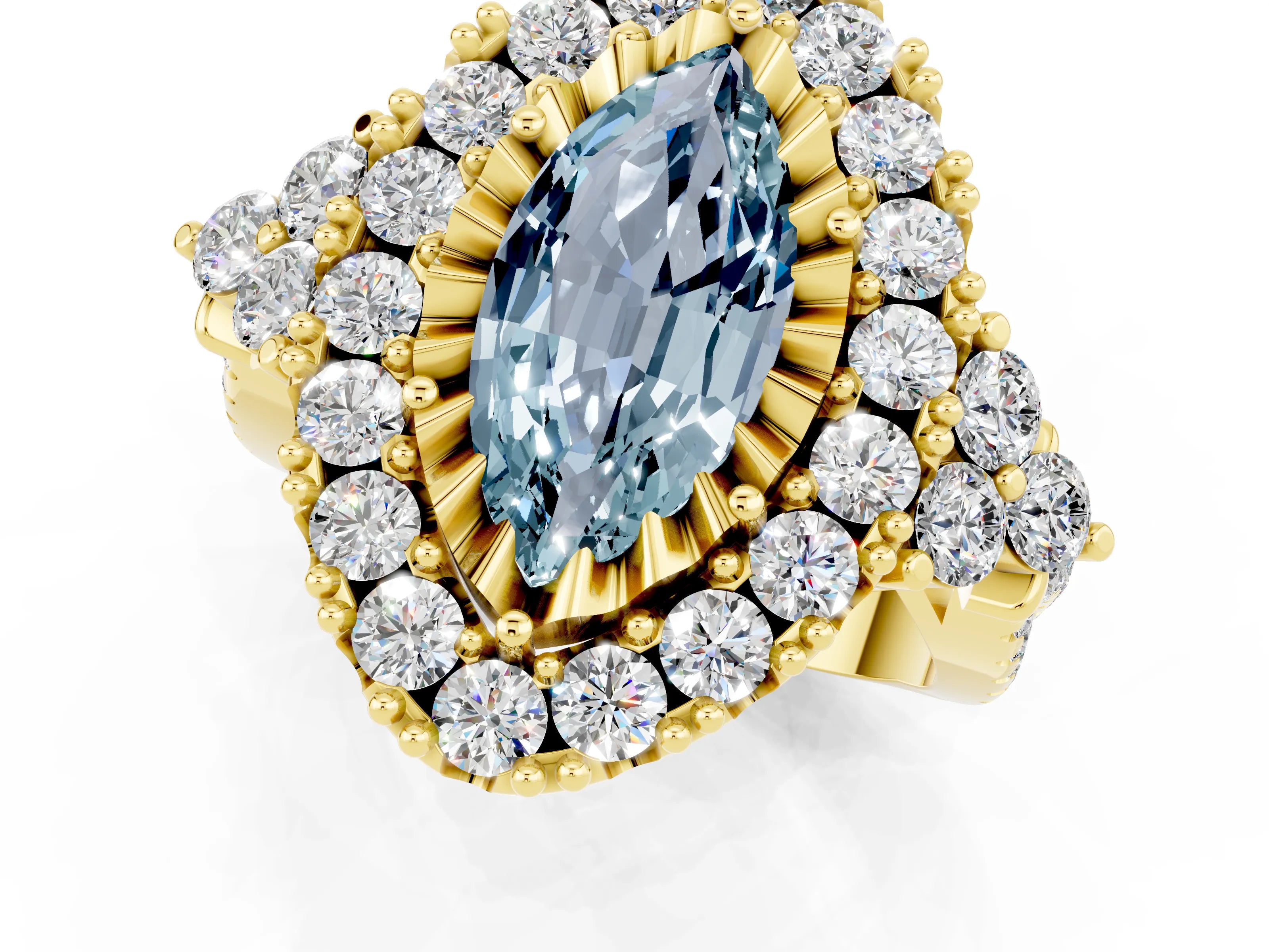 Yellow gold Marquise Cut Aquamarine Halo Ring with Pavé Band and Four-Prong Setting_13