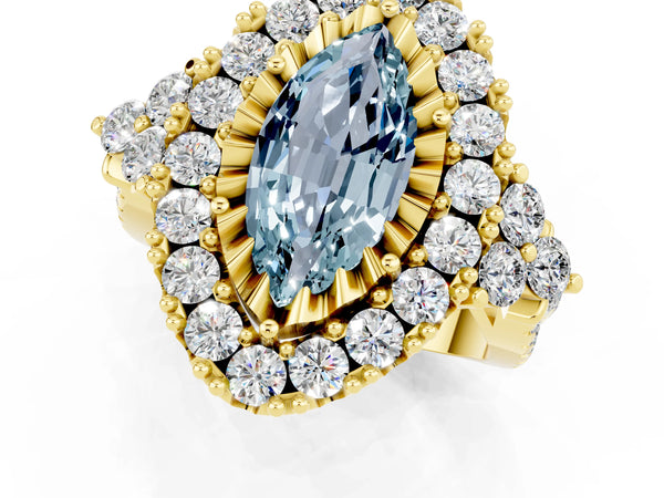 Yellow gold Marquise Cut Aquamarine Halo Ring with Pavé Band and Four-Prong Setting