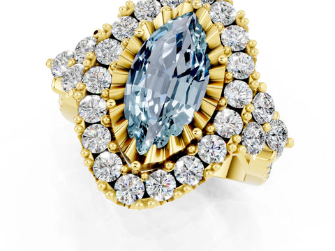Yellow gold Marquise Cut Aquamarine Halo Ring with Pavé Band and Four-Prong Setting_13