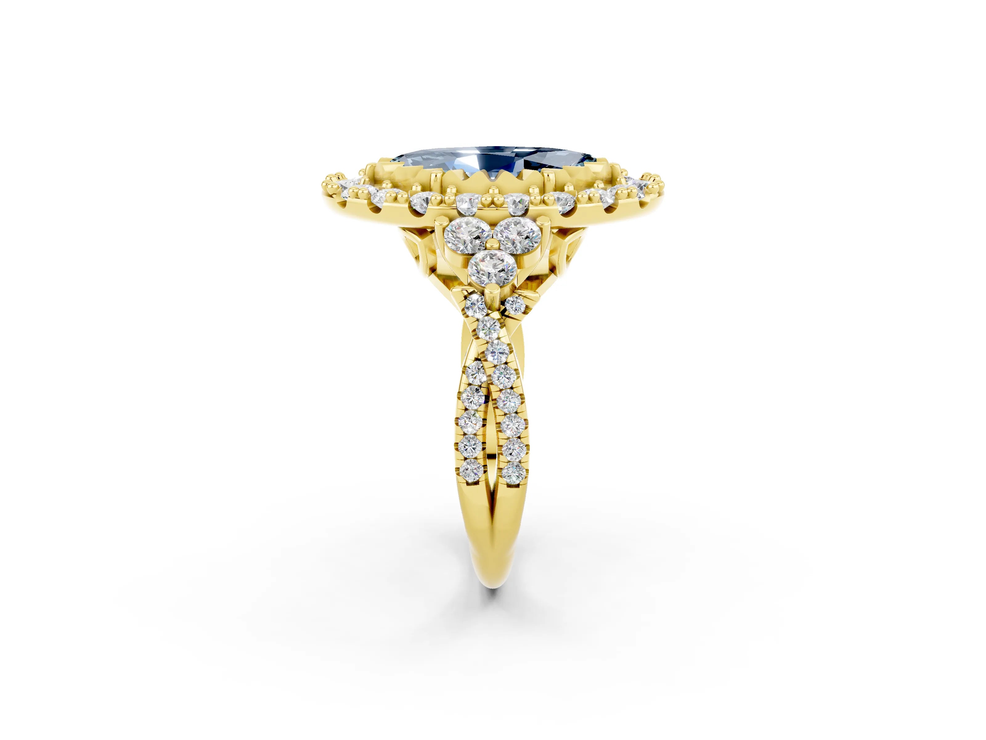Yellow gold Marquise Cut Aquamarine Halo Ring with Pavé Band and Four-Prong Setting_14