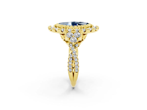 Yellow gold Marquise Cut Aquamarine Halo Ring with Pavé Band and Four-Prong Setting