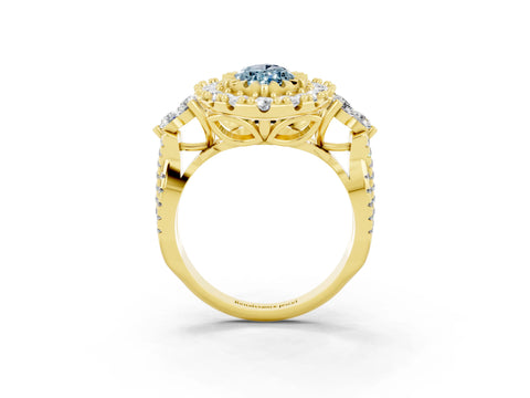 Yellow gold Marquise Cut Aquamarine Halo Ring with Pavé Band and Four-Prong Setting_15