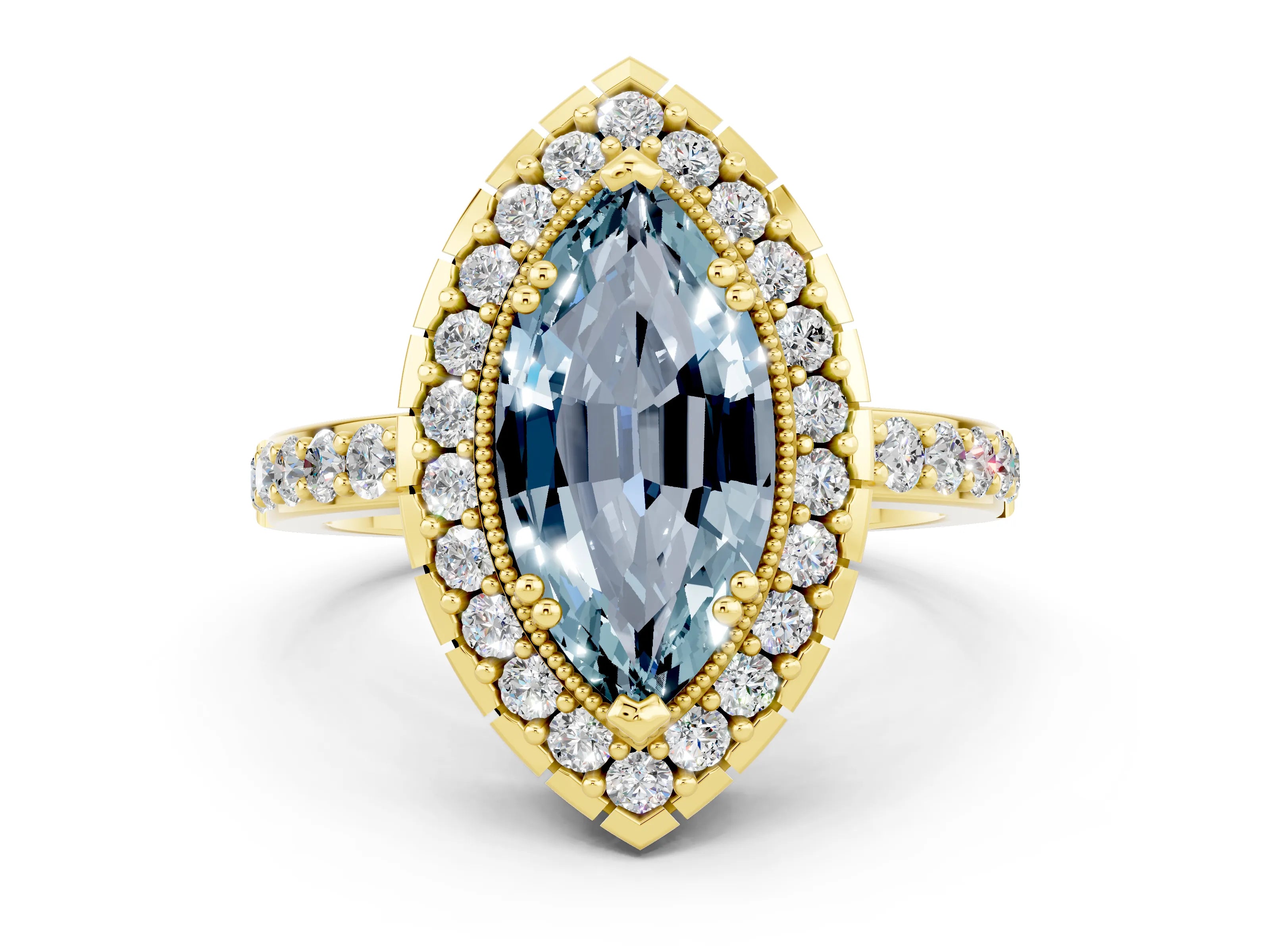 Yellow gold Marquise Cut Aquamarine Halo Ring with Pavé Band and Prong Setting