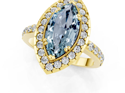 Yellow gold Marquise Cut Aquamarine Halo Ring with Pavé Band and Prong Setting_1