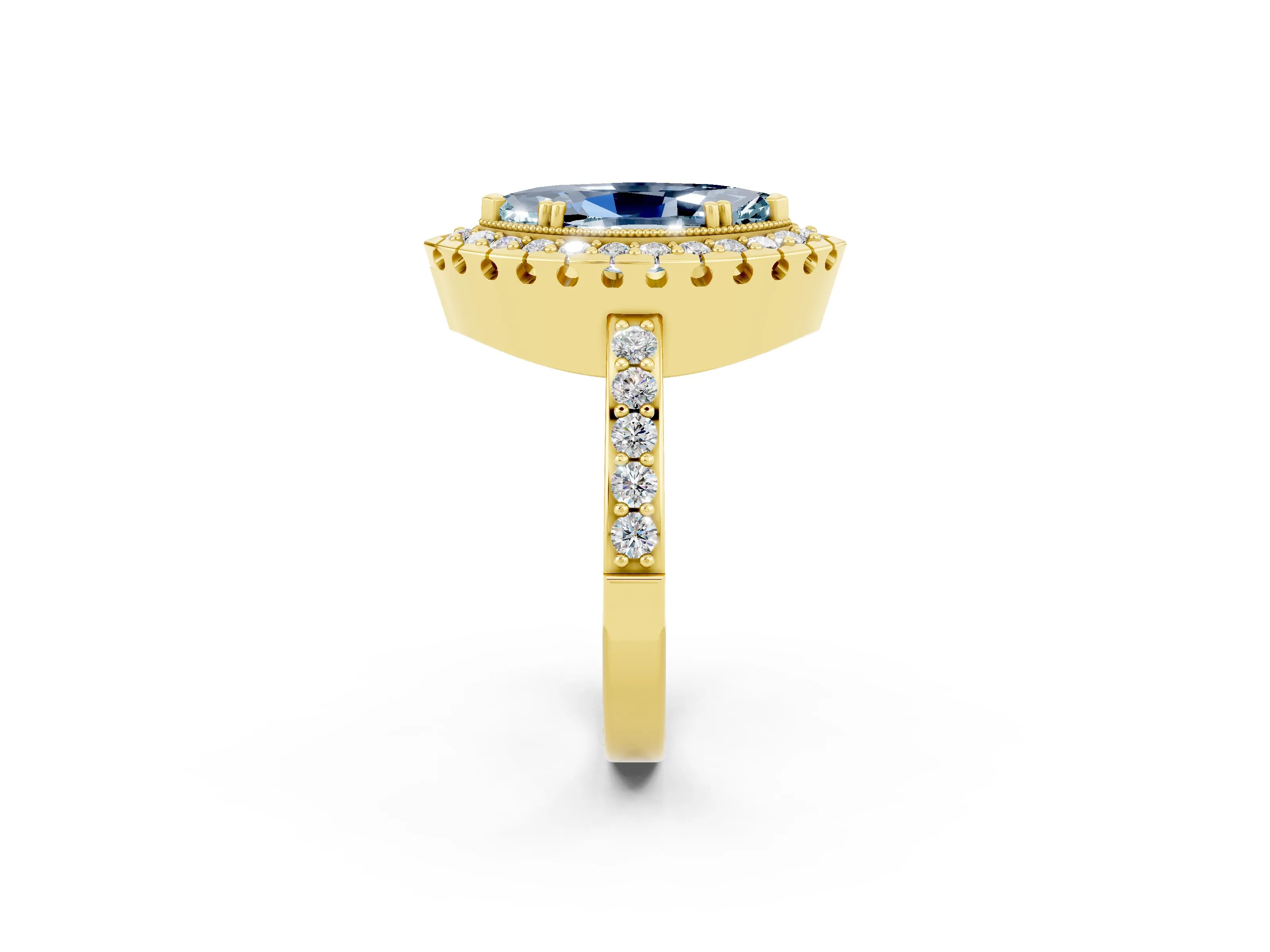 Yellow gold Marquise Cut Aquamarine Halo Ring with Pavé Band and Prong Setting_2