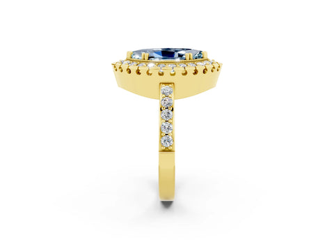 Yellow gold Marquise Cut Aquamarine Halo Ring with Pavé Band and Prong Setting_2