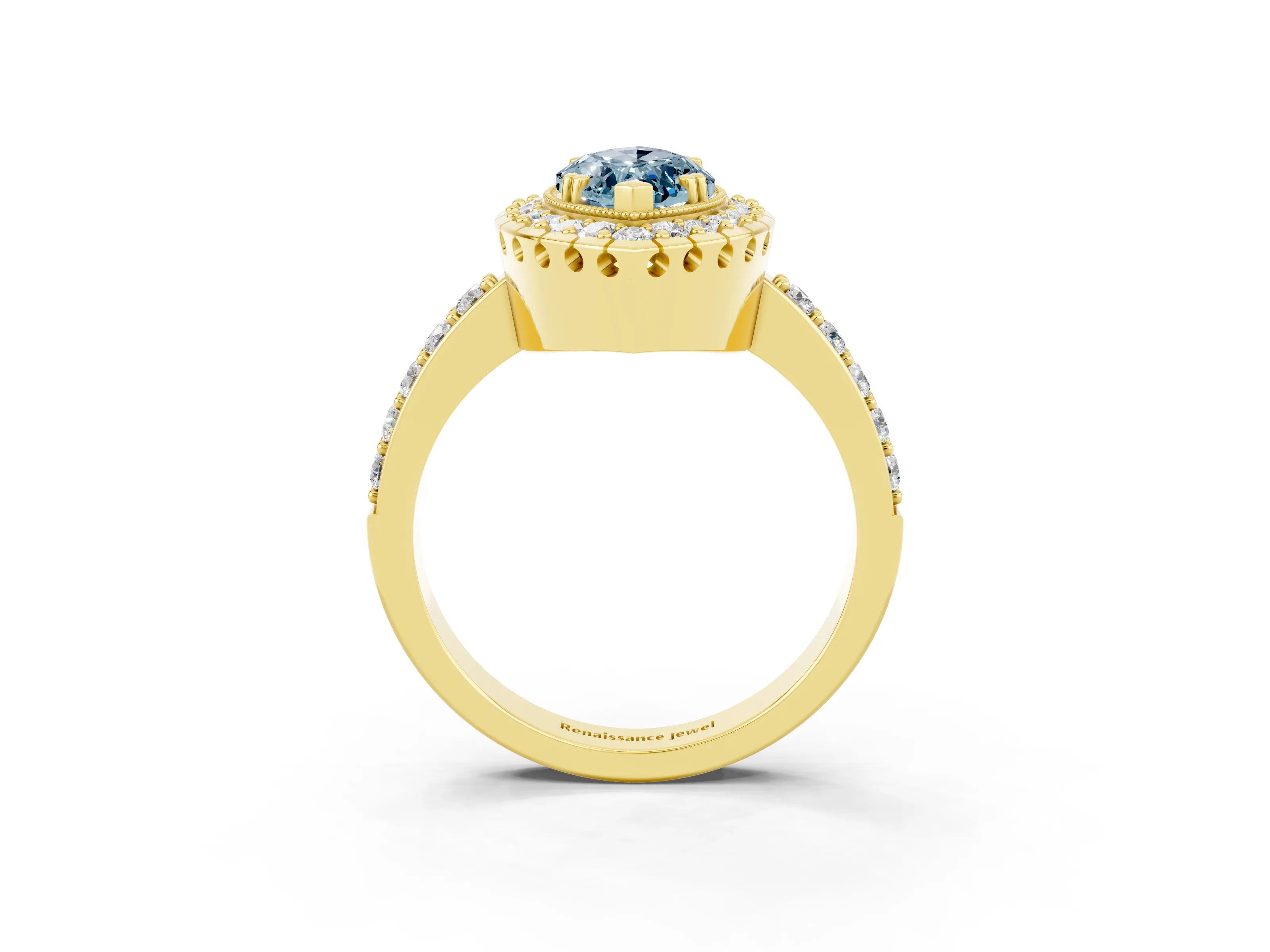 Yellow gold Marquise Cut Aquamarine Halo Ring with Pavé Band and Prong Setting_3