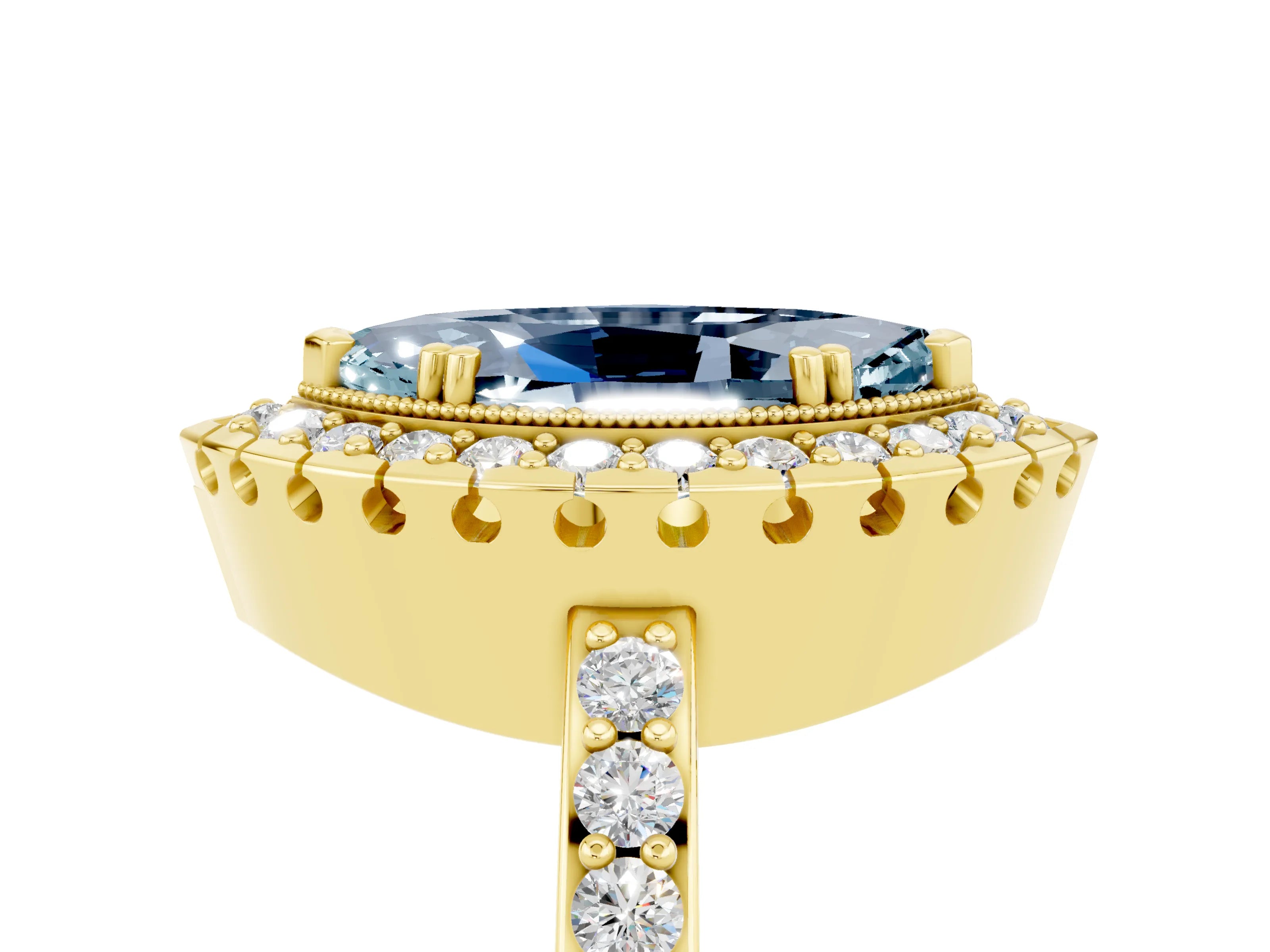 Yellow gold Marquise Cut Aquamarine Halo Ring with Pavé Band and Prong Setting_5