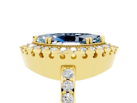 Yellow gold Marquise Cut Aquamarine Halo Ring with Pavé Band and Prong Setting_5