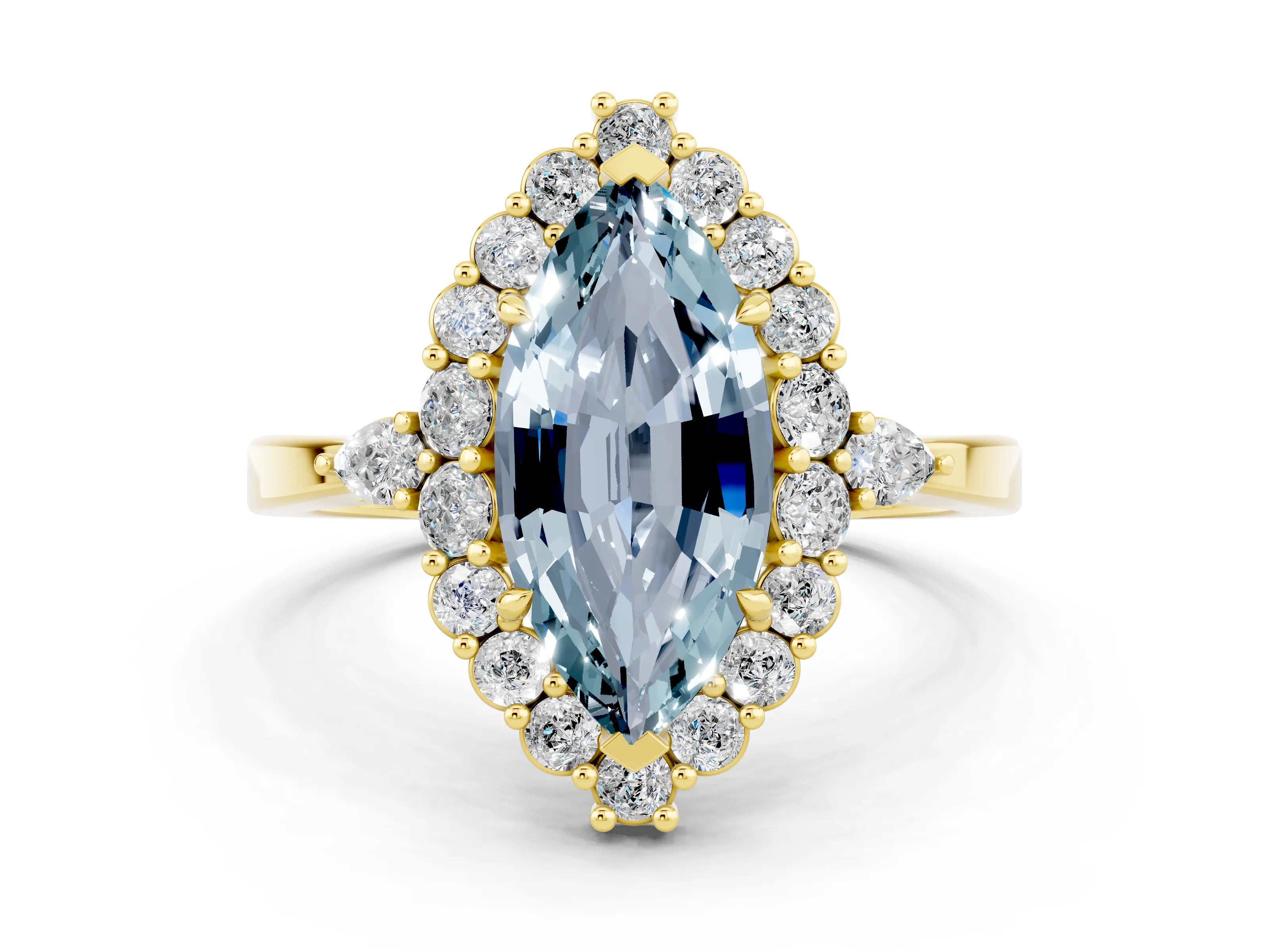 Yellow gold Marquise Cut Aquamarine Halo Ring with Pear Side Stones and Prong Setting_12