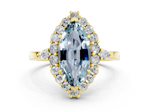 Yellow gold Marquise Cut Aquamarine Halo Ring with Pear Side Stones and Prong Setting