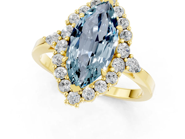Yellow gold Marquise Cut Aquamarine Halo Ring with Pear Side Stones and Prong Setting