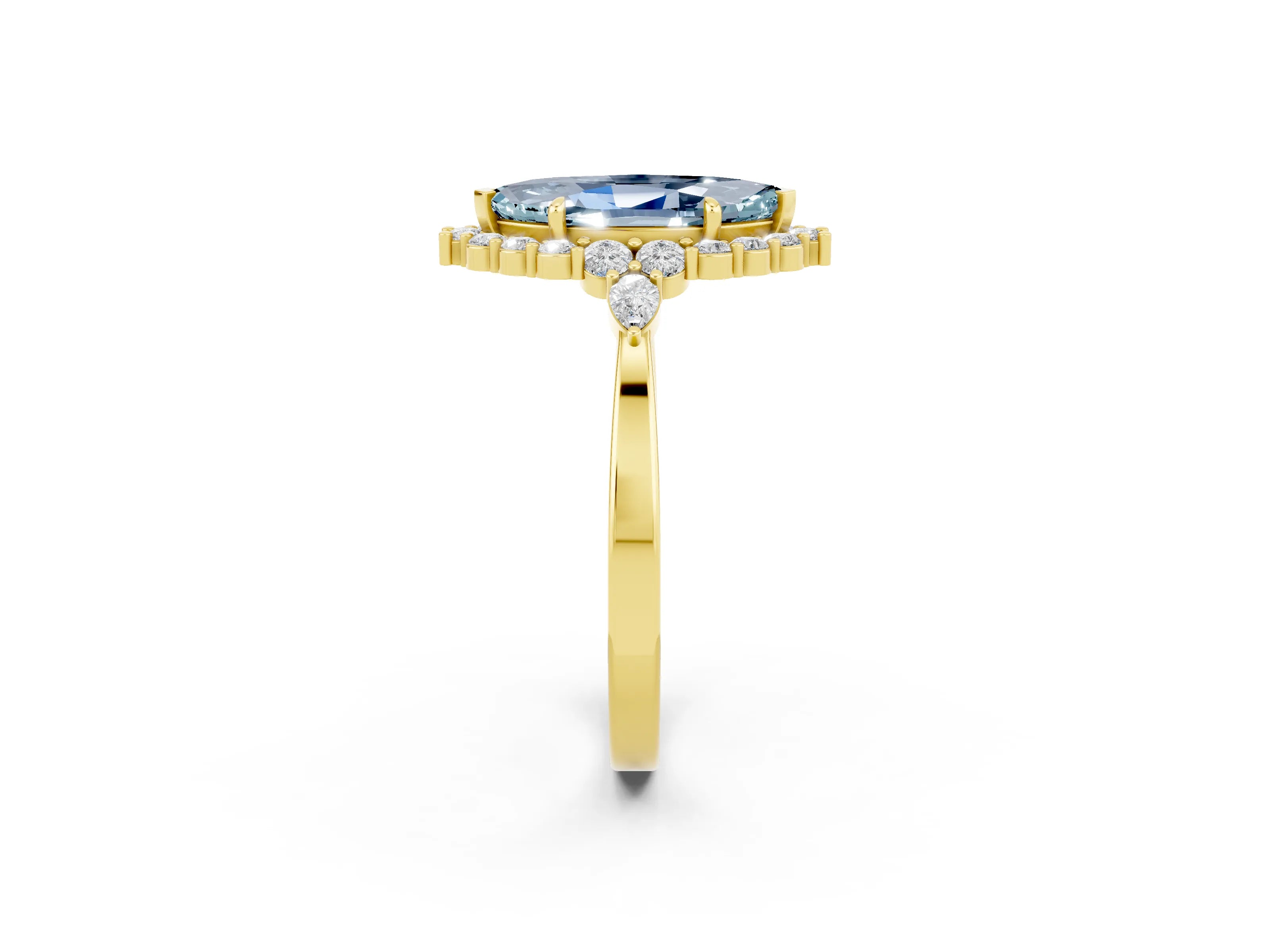 Yellow gold Marquise Cut Aquamarine Halo Ring with Pear Side Stones and Prong Setting_14