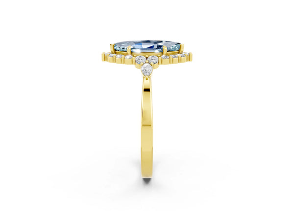 Yellow gold Marquise Cut Aquamarine Halo Ring with Pear Side Stones and Prong Setting