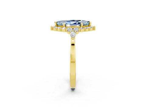 Yellow gold Marquise Cut Aquamarine Halo Ring with Pear Side Stones and Prong Setting_14