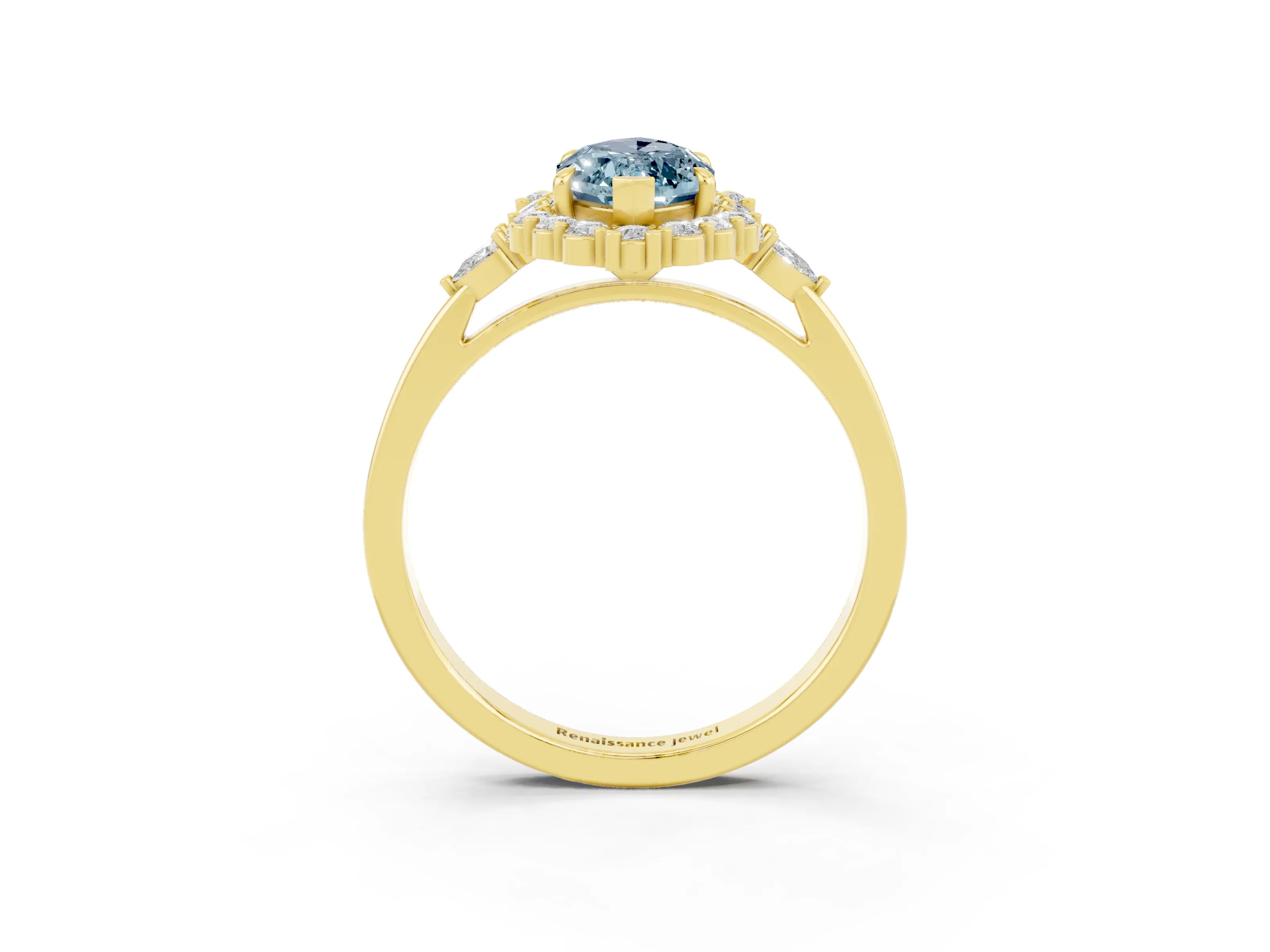Yellow gold Marquise Cut Aquamarine Halo Ring with Pear Side Stones and Prong Setting_15
