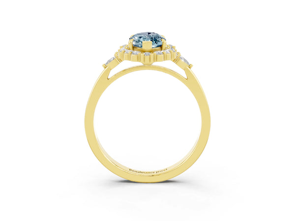 Yellow gold Marquise Cut Aquamarine Halo Ring with Pear Side Stones and Prong Setting