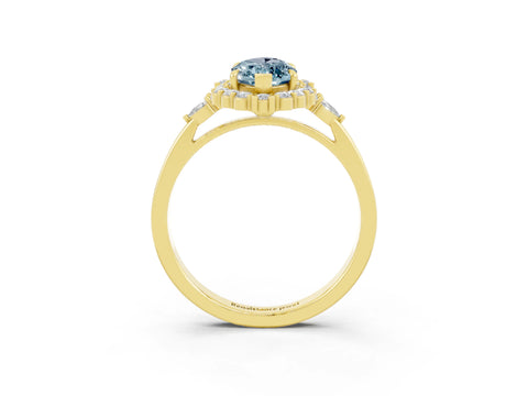 Yellow gold Marquise Cut Aquamarine Halo Ring with Pear Side Stones and Prong Setting_15