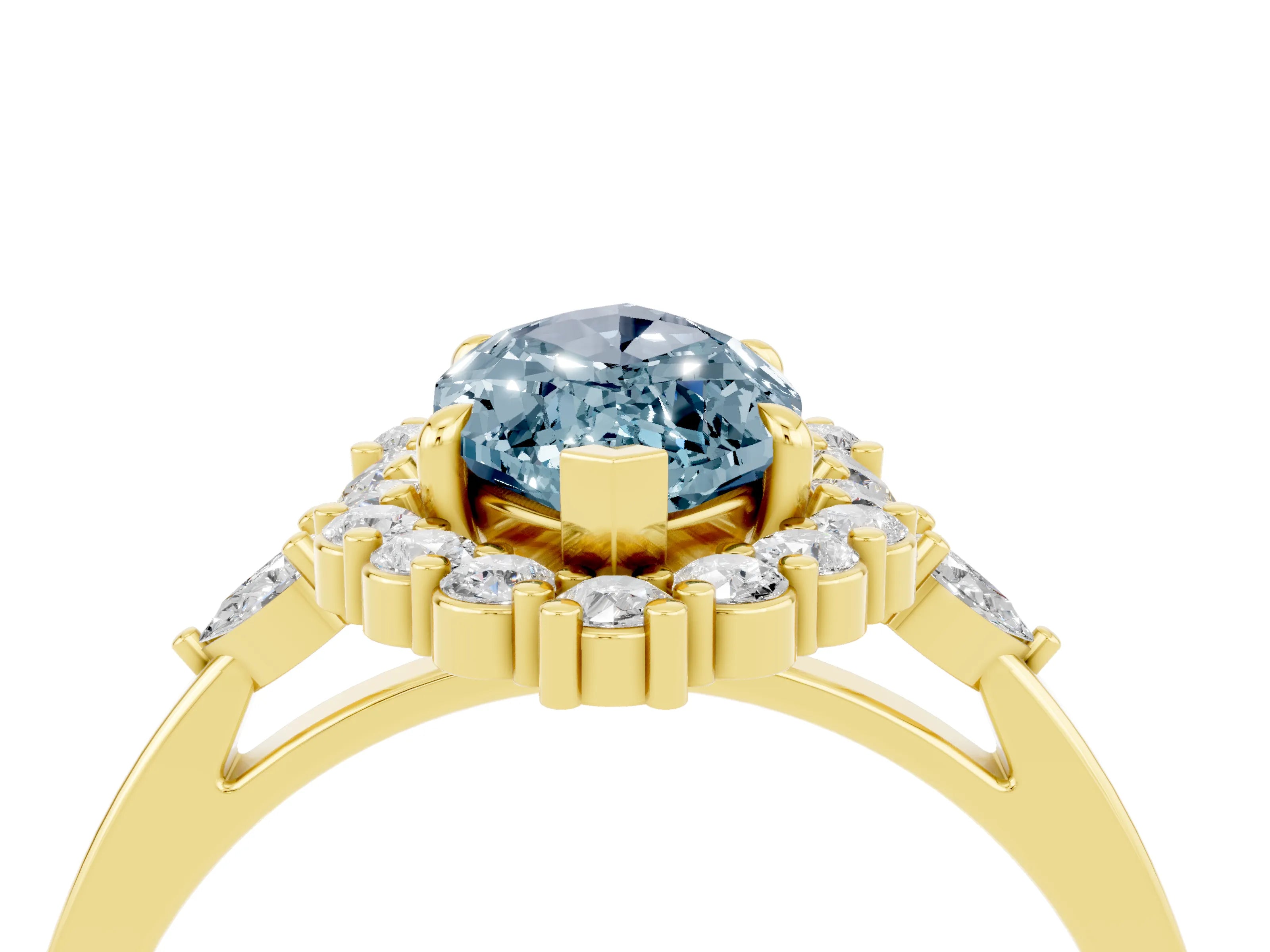 Yellow gold Marquise Cut Aquamarine Halo Ring with Pear Side Stones and Prong Setting_16
