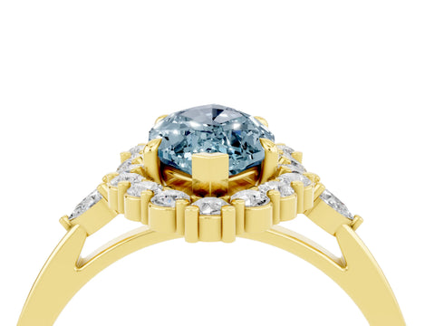 Yellow gold Marquise Cut Aquamarine Halo Ring with Pear Side Stones and Prong Setting_16