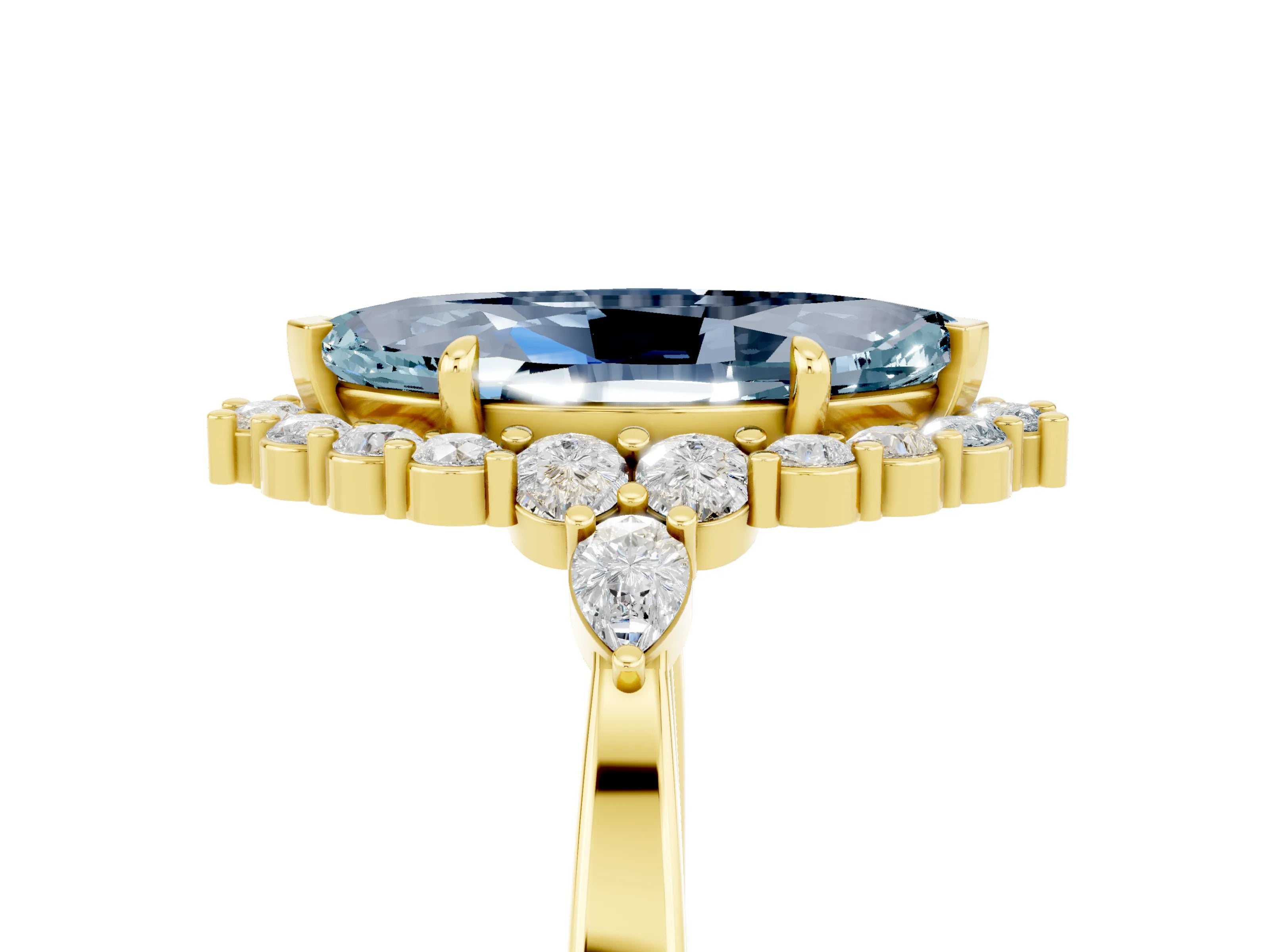 Yellow gold Marquise Cut Aquamarine Halo Ring with Pear Side Stones and Prong Setting_17
