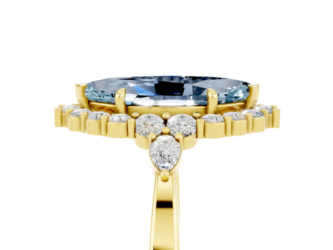 Yellow gold Marquise Cut Aquamarine Halo Ring with Pear Side Stones and Prong Setting_17