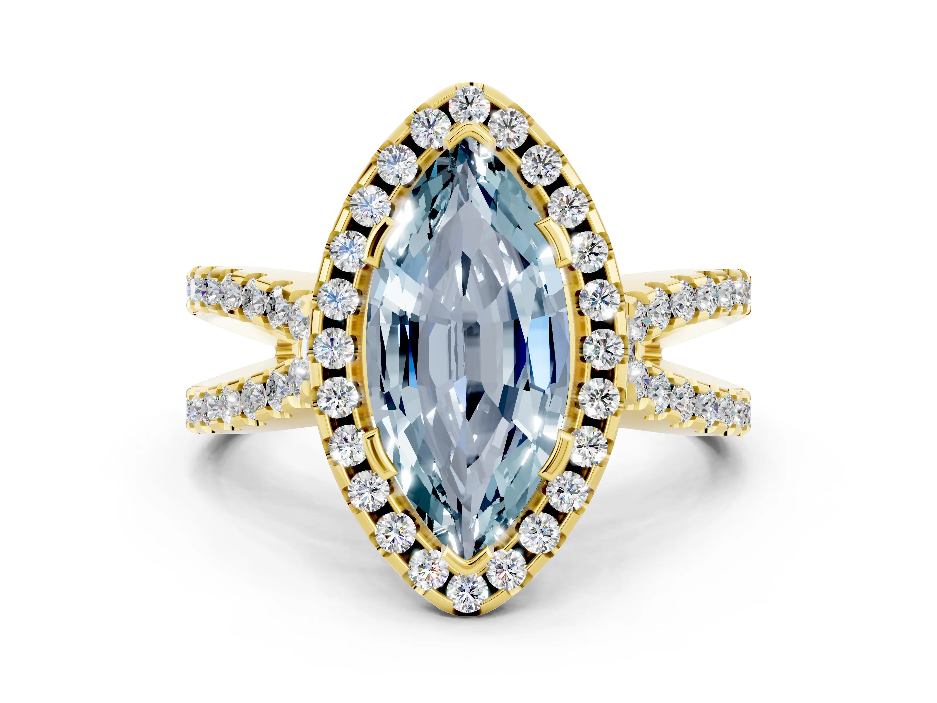 Yellow gold Marquise Cut Aquamarine Halo Ring with Split Shank Pavé Band and Prong Setting