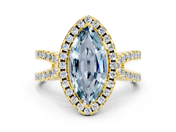 Yellow gold Marquise Cut Aquamarine Halo Ring with Split Shank Pavé Band and Prong Setting