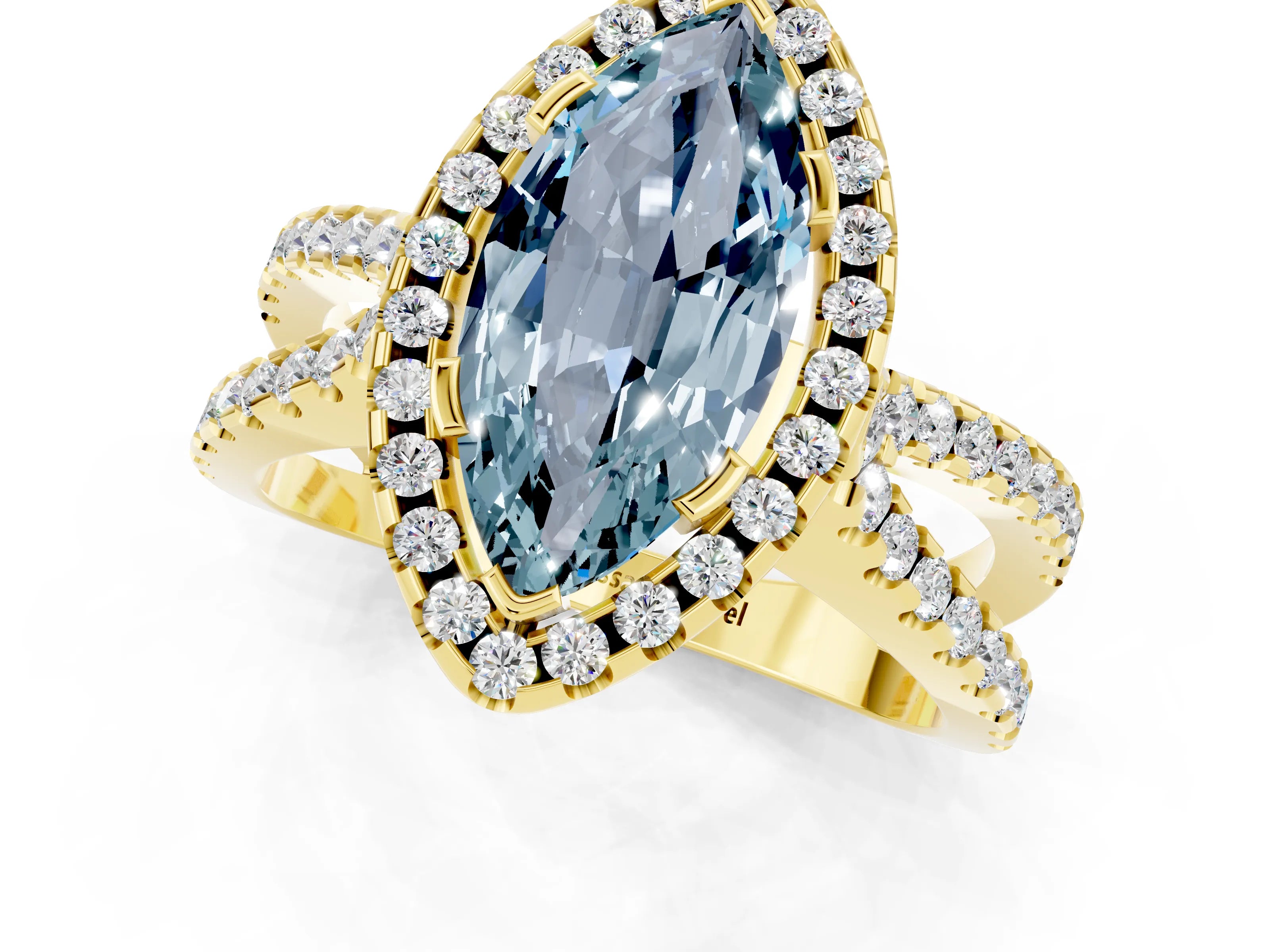 Yellow gold Marquise Cut Aquamarine Halo Ring with Split Shank Pavé Band and Prong Setting_1