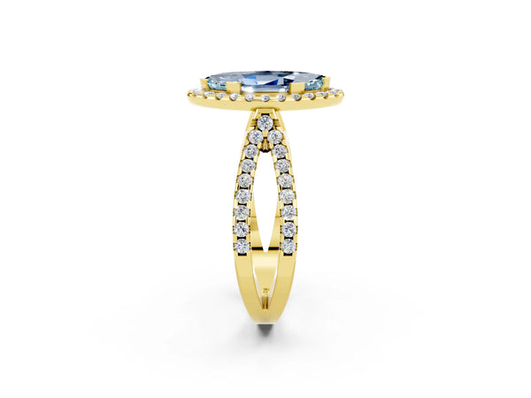 Yellow gold Marquise Cut Aquamarine Halo Ring with Split Shank Pavé Band and Prong Setting