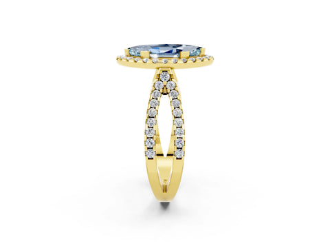 Yellow gold Marquise Cut Aquamarine Halo Ring with Split Shank Pavé Band and Prong Setting_2