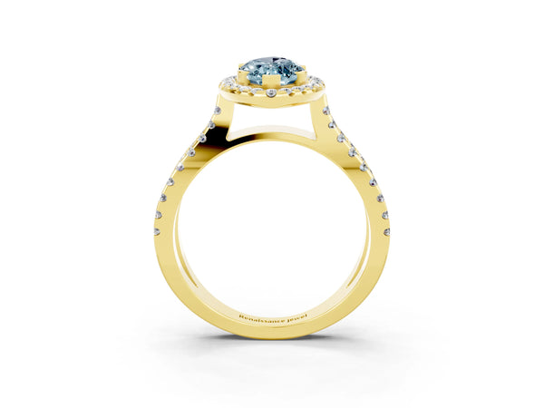 Yellow gold Marquise Cut Aquamarine Halo Ring with Split Shank Pavé Band and Prong Setting