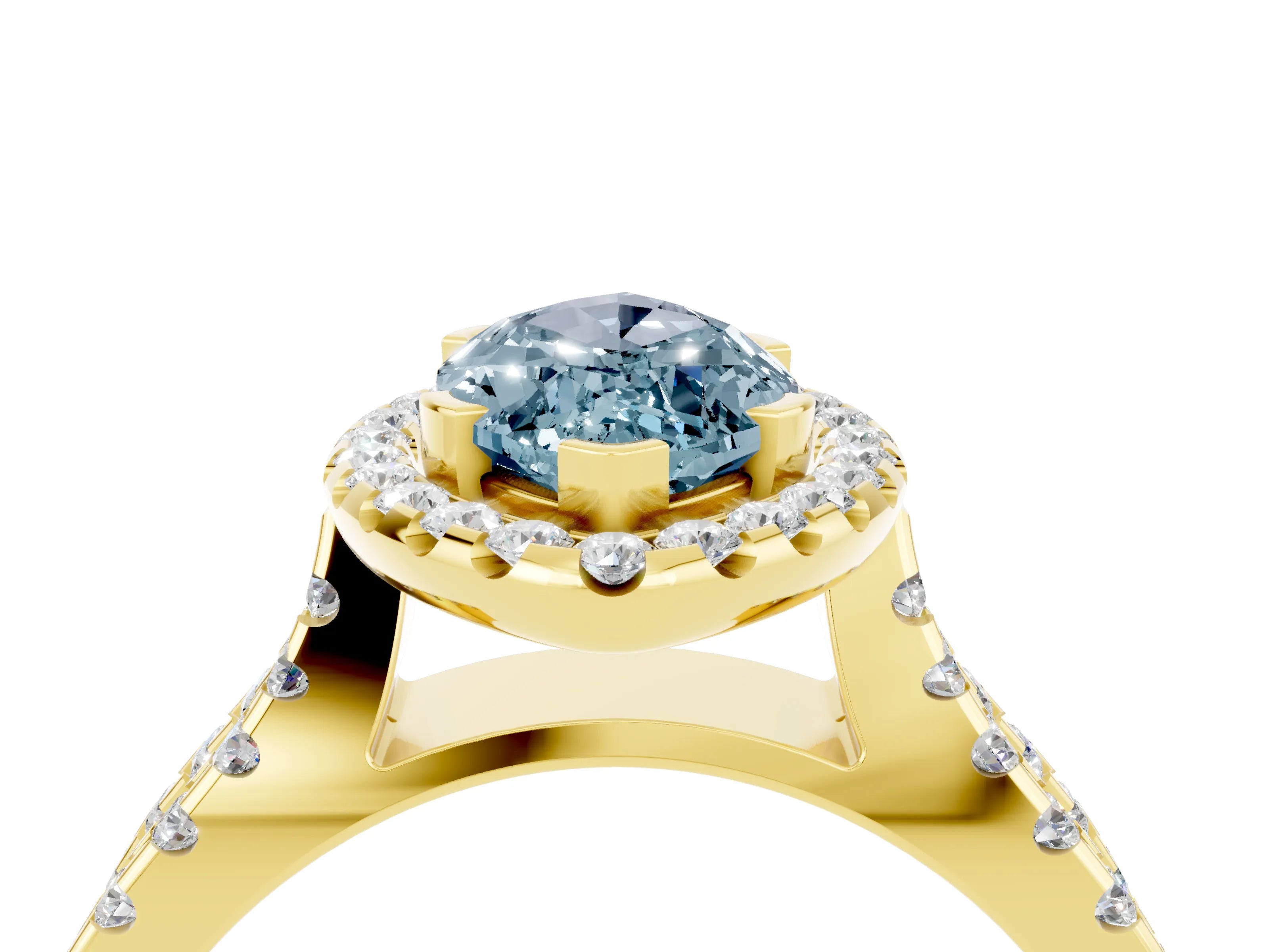 Yellow gold Marquise Cut Aquamarine Halo Ring with Split Shank Pavé Band and Prong Setting_4