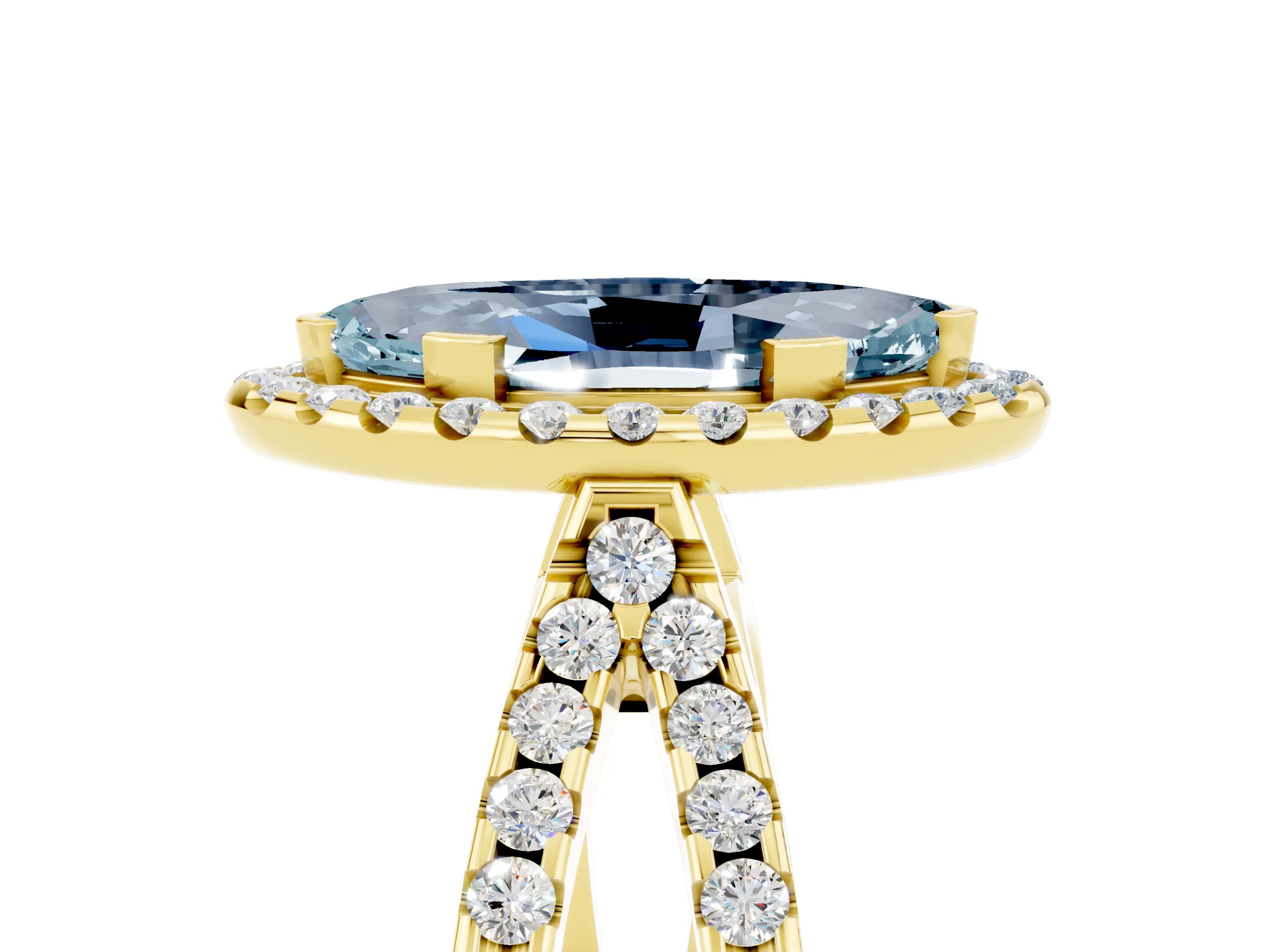 Yellow gold Marquise Cut Aquamarine Halo Ring with Split Shank Pavé Band and Prong Setting_5