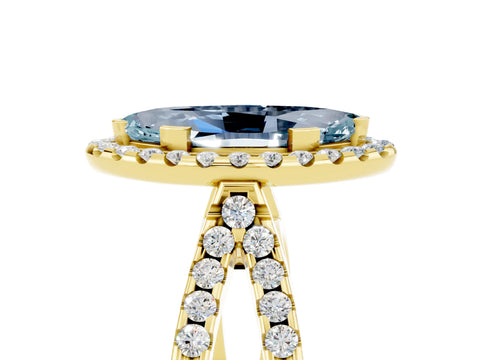 Yellow gold Marquise Cut Aquamarine Halo Ring with Split Shank Pavé Band and Prong Setting_5