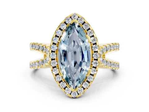 Yellow gold Marquise Cut Aquamarine Halo Ring with Split Shank Pavé Band and Prong Setting