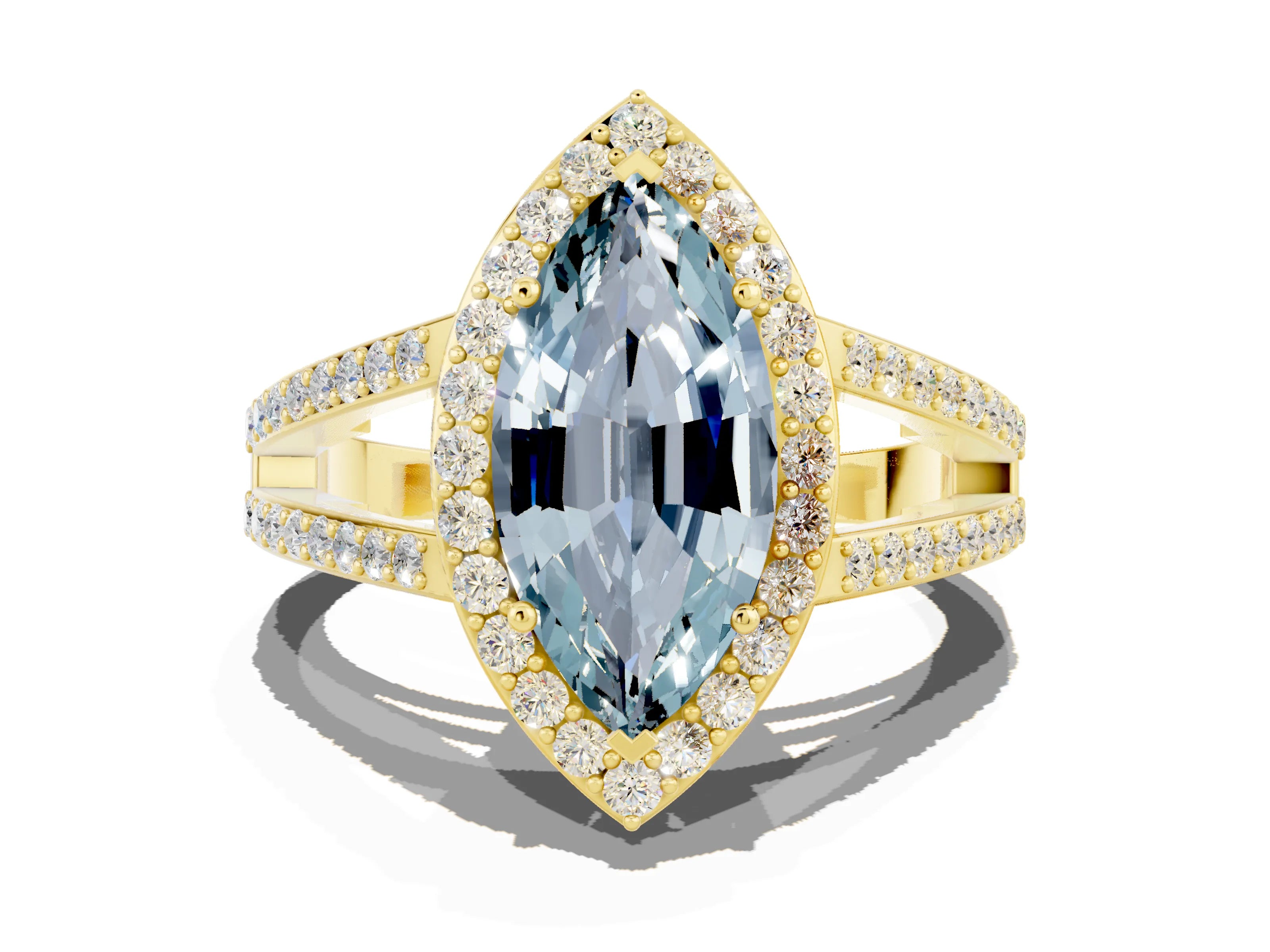 Yellow gold Marquise Cut Aquamarine Halo Ring with Split Shank U-Prong Band and Four-Prong Setting