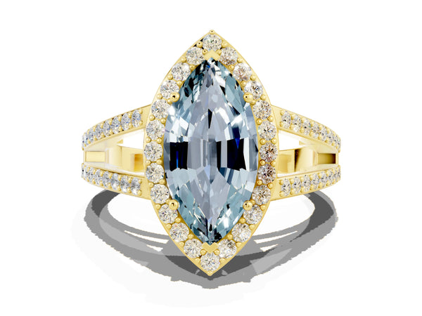 Yellow gold Marquise Cut Aquamarine Halo Ring with Split Shank U-Prong Band and Four-Prong Setting