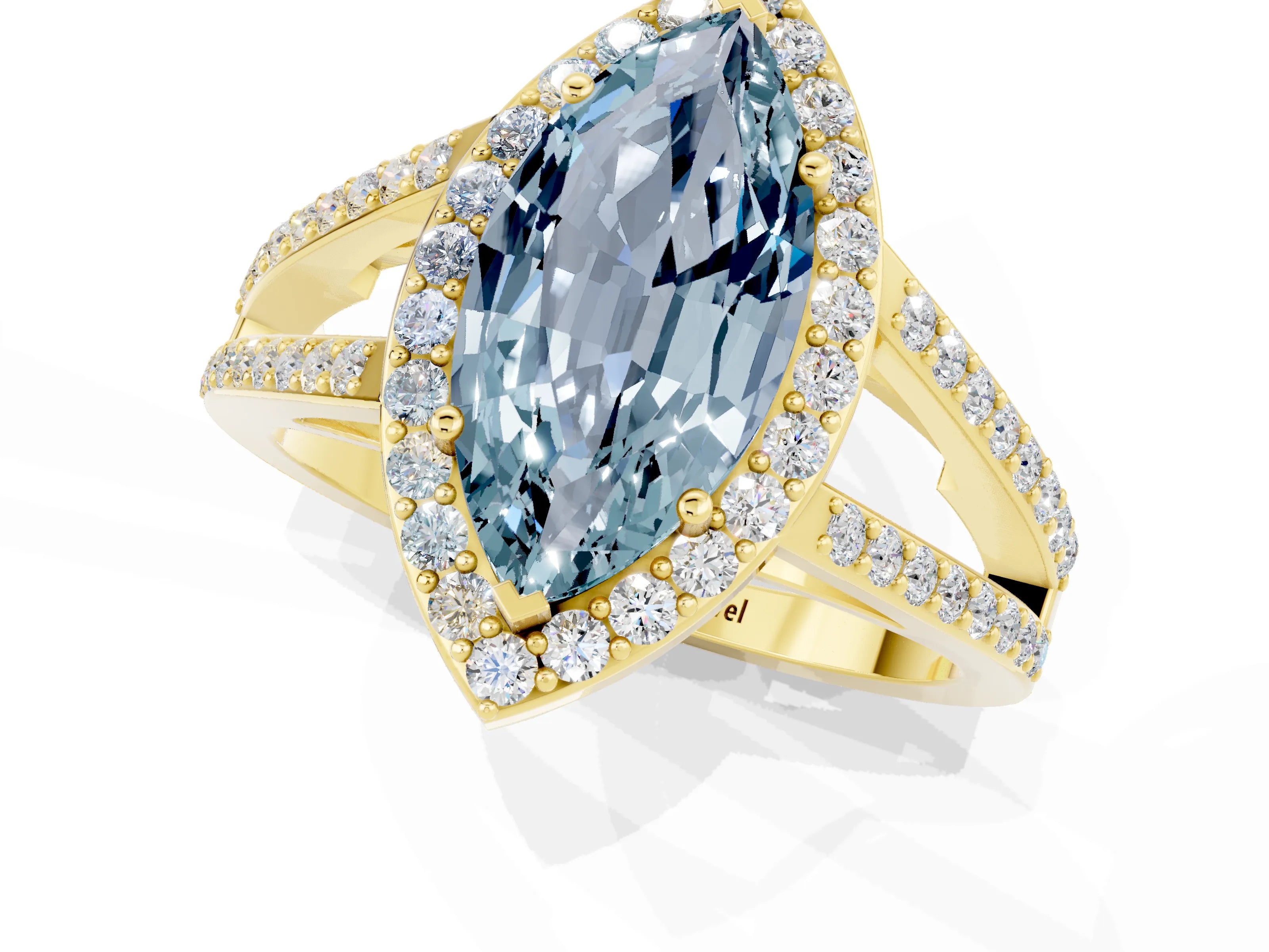 Yellow gold Marquise Cut Aquamarine Halo Ring with Split Shank U-Prong Band and Four-Prong Setting_1