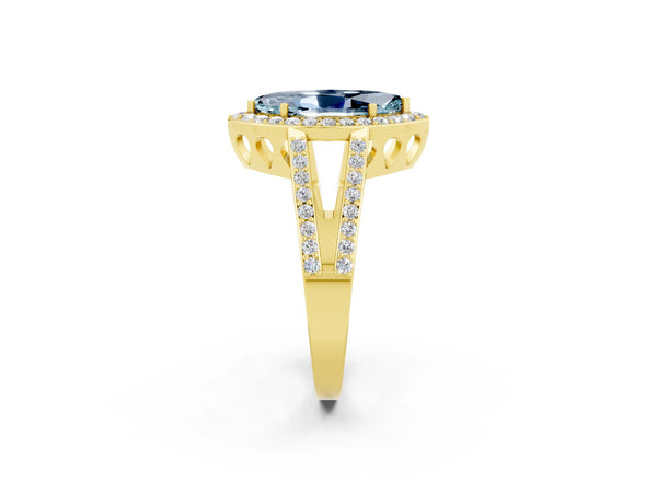 Yellow gold Marquise Cut Aquamarine Halo Ring with Split Shank U-Prong Band and Four-Prong Setting