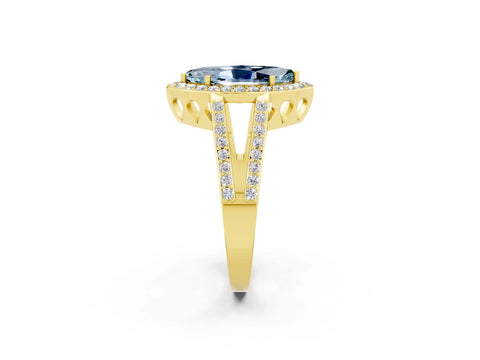 Yellow gold Marquise Cut Aquamarine Halo Ring with Split Shank U-Prong Band and Four-Prong Setting_2
