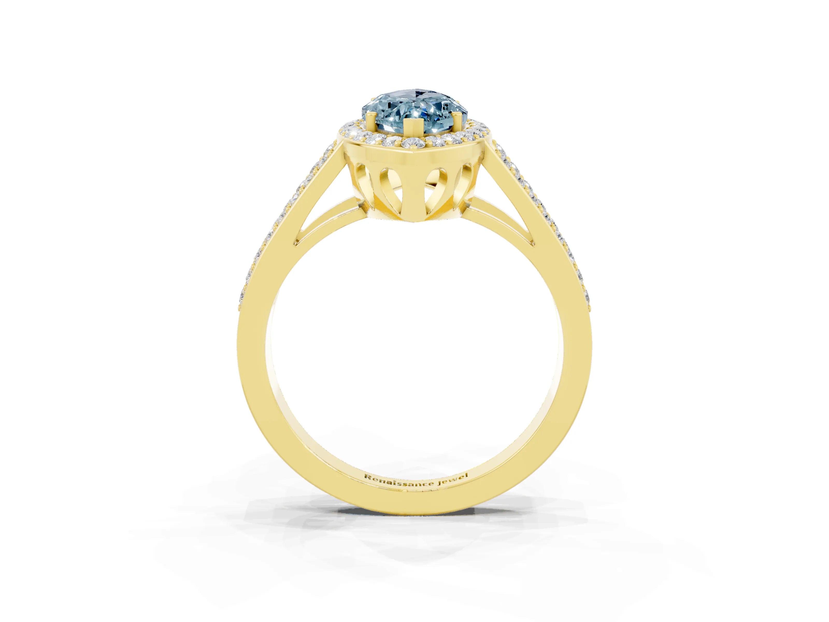 Yellow gold Marquise Cut Aquamarine Halo Ring with Split Shank U-Prong Band and Four-Prong Setting_3