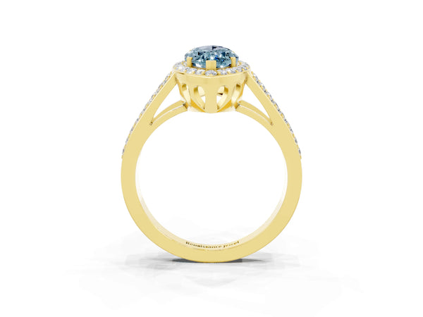 Yellow gold Marquise Cut Aquamarine Halo Ring with Split Shank U-Prong Band and Four-Prong Setting