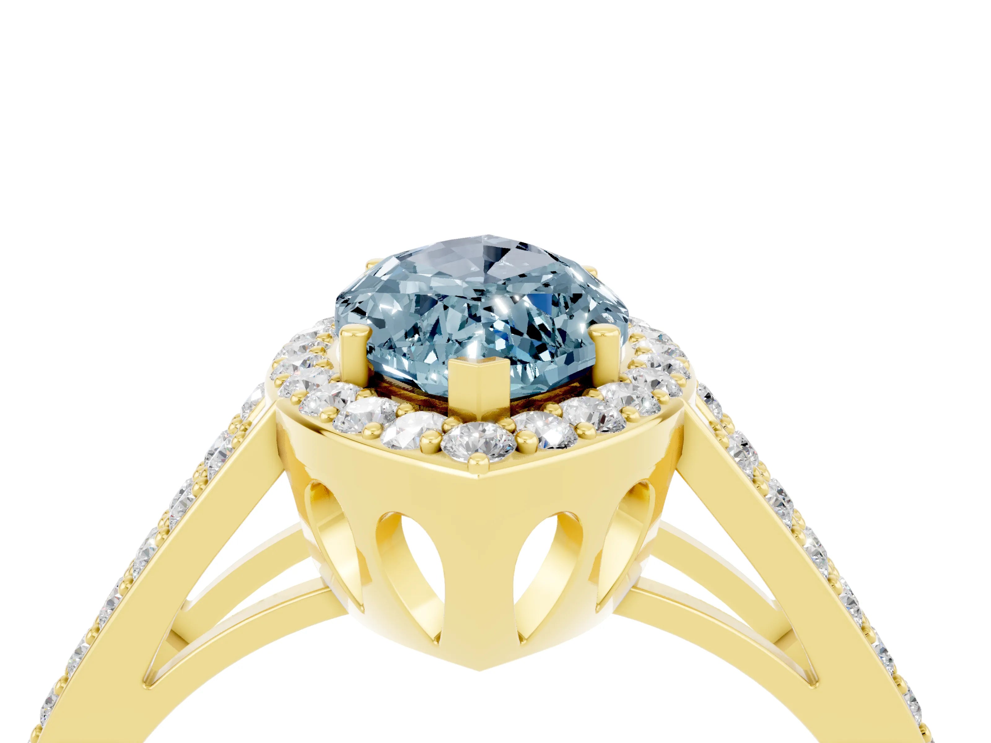 Yellow gold Marquise Cut Aquamarine Halo Ring with Split Shank U-Prong Band and Four-Prong Setting_4