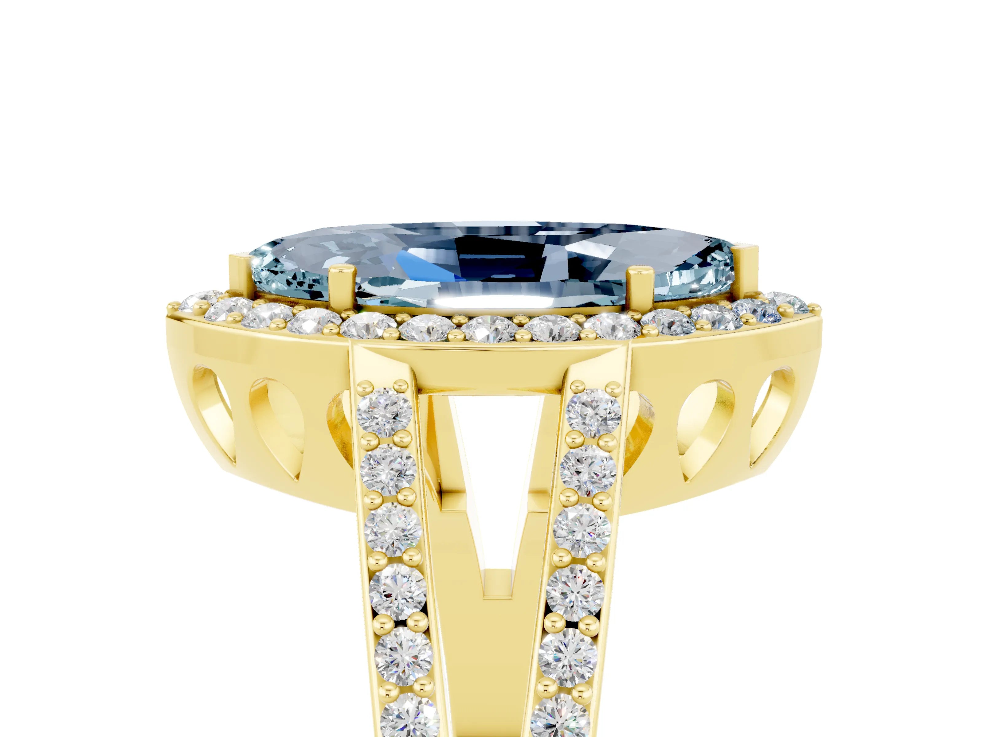Yellow gold Marquise Cut Aquamarine Halo Ring with Split Shank U-Prong Band and Four-Prong Setting_5