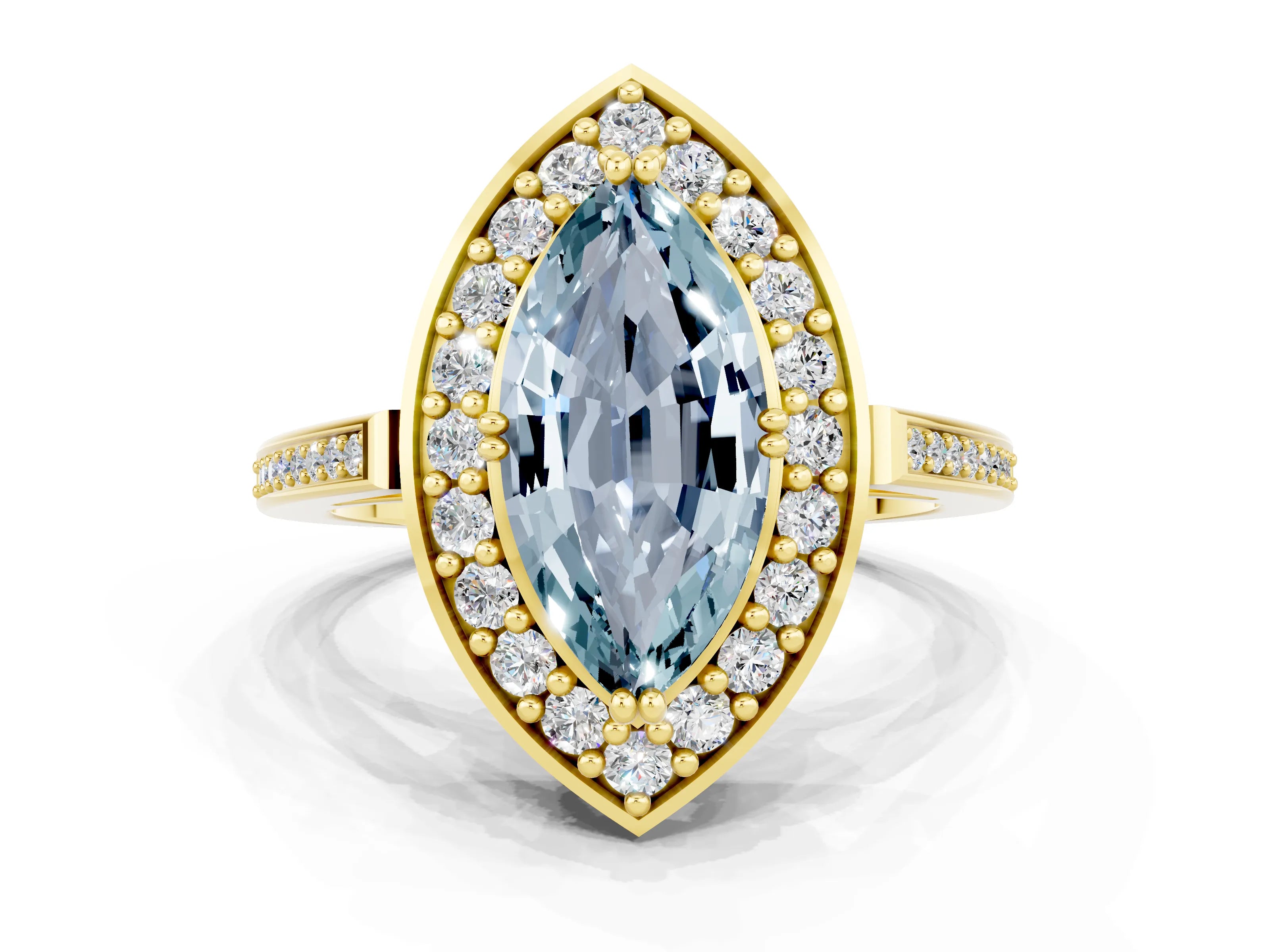 Yellow gold Marquise Cut Aquamarine Halo Ring with Split Shank and Four-Prong Setting
