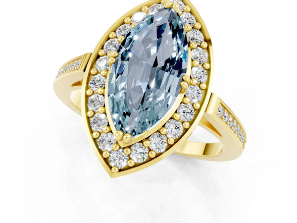 Yellow gold Marquise Cut Aquamarine Halo Ring with Split Shank and Four-Prong Setting