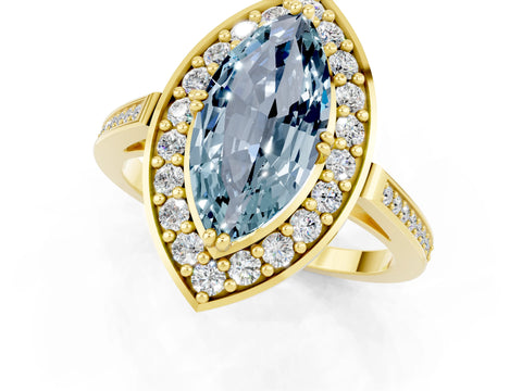 Yellow gold Marquise Cut Aquamarine Halo Ring with Split Shank and Four-Prong Setting_1