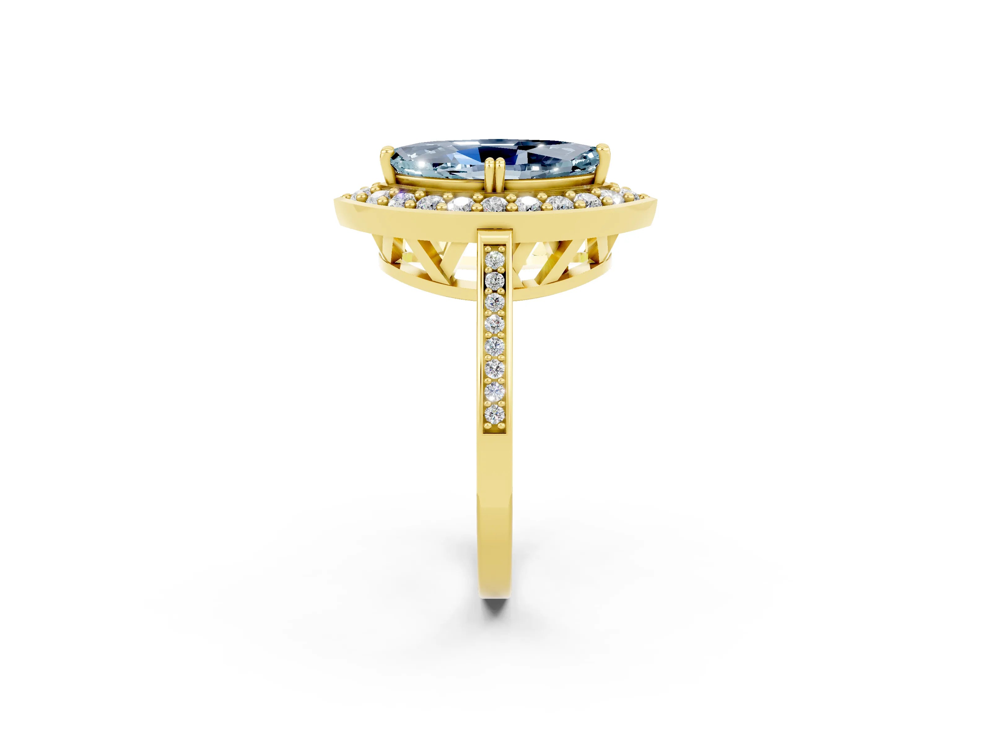 Yellow gold Marquise Cut Aquamarine Halo Ring with Split Shank and Four-Prong Setting_2